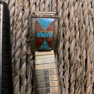 - Vintage Navajo inlaid turquoise and coral watch band